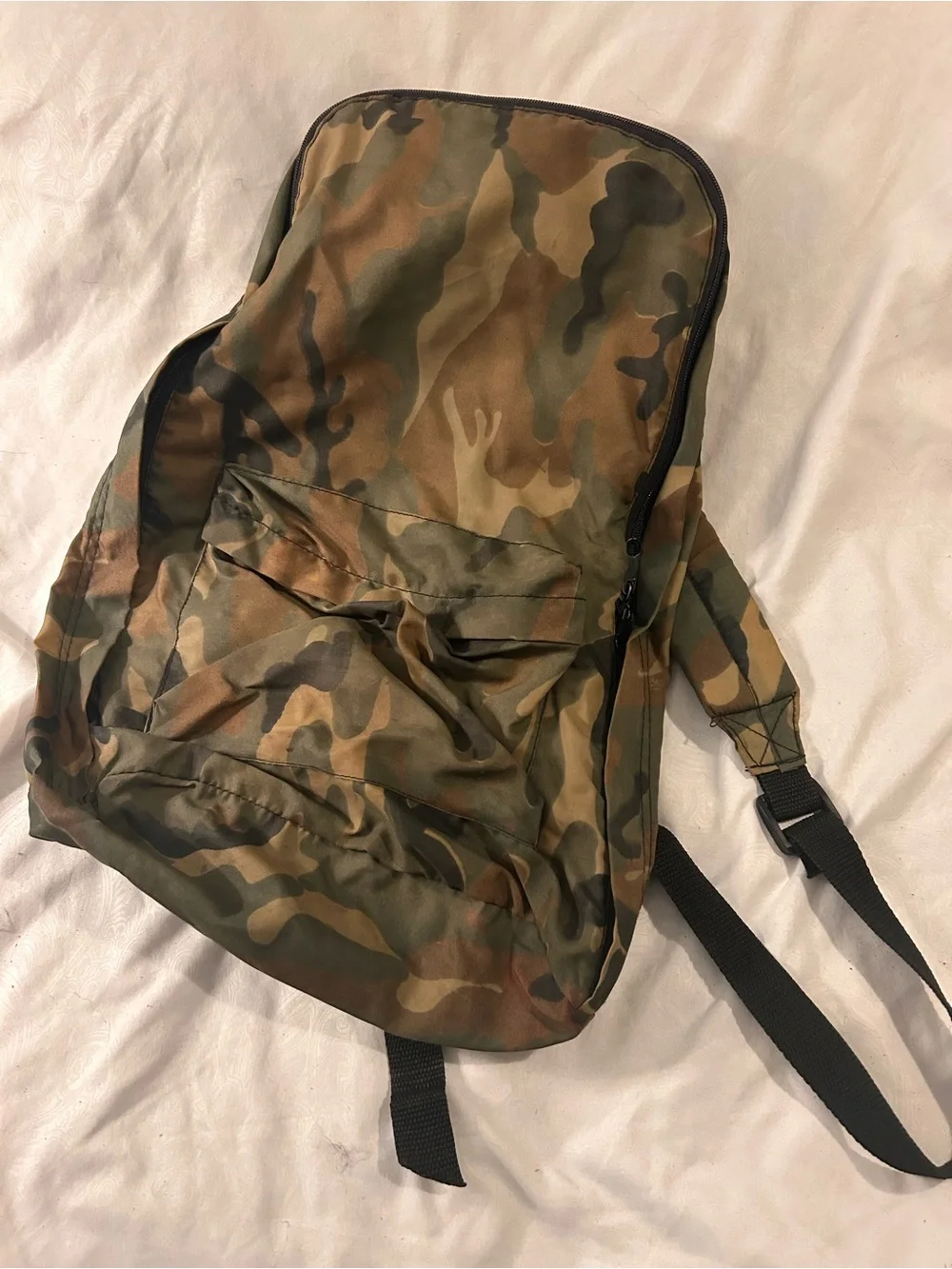 Camo Print Child Sized Nylon Backpack - Olive/Brown. Very light weight.